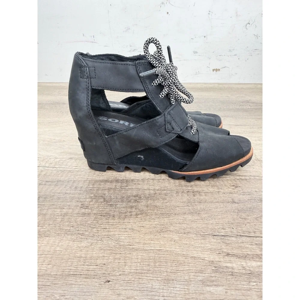 Sorel Joanie Lace Black Leather Wedge Sandals NL2453-010 Womens 8